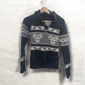 TNA Women's Black and Gray 100% wool cowichan Sweater zip up M